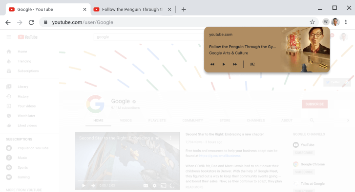 نافذة في متصفّح Chrome تعرض مربع حوار عناصر التحكّم في الوسائط