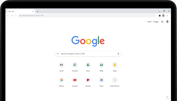 الجانب العلوي الأيسر من كمبيوتر محمول Pixelbook Go بشاشة تعرض شريط البحث في الموقع الإلكتروني Google.com والتطبيقات المفضَّلة