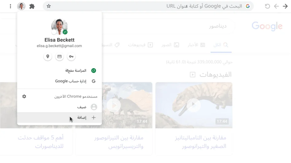 نافذة في متصفِّح Chrome تعرض مربّع حوار 'الملف الشخصي'