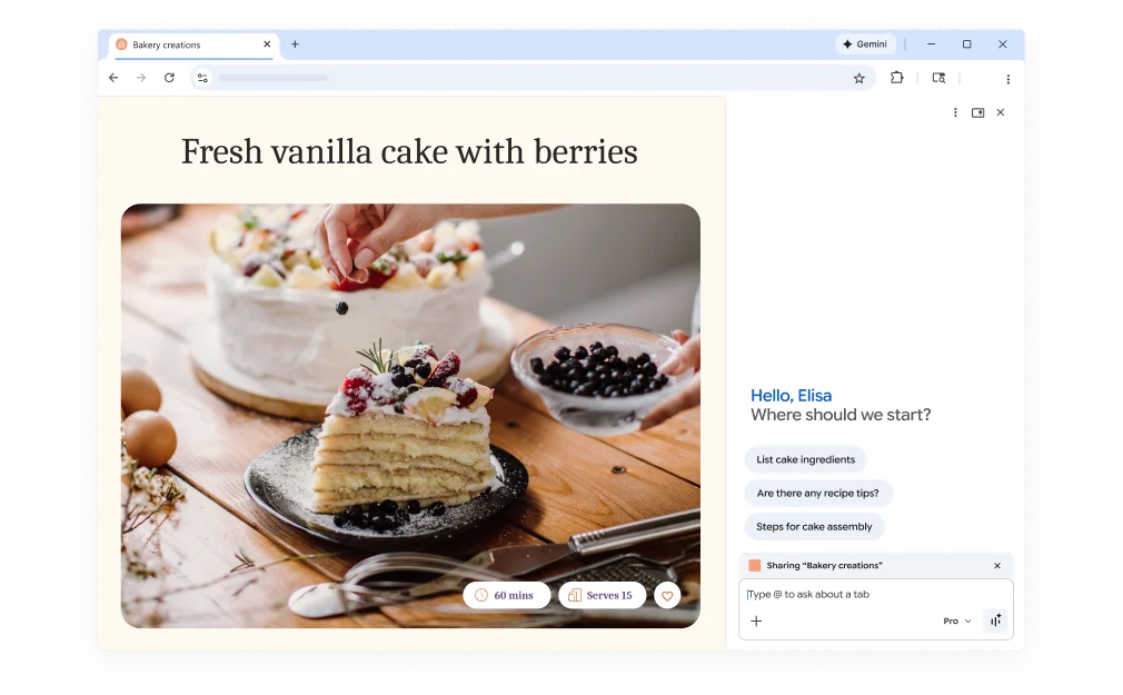 A pop-up over a cake recipe web page asks how Gemini in Chrome can help. The feature is on both desktop and mobile.
