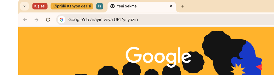 Chrome tarayıcının kullanıcı arayüzünde üç sekme grubu gösteriliyor.