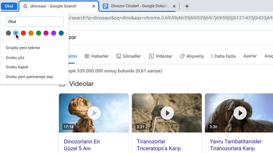 Sekme grubunun adlandırılmasını gösteren iletişim kutusuyla Chrome tarayıcı penceresi