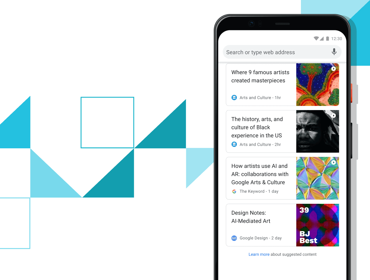 مقالات لك هاتف Pixel 4 XL بشاشة تعرض روابط لمقالات مختارة