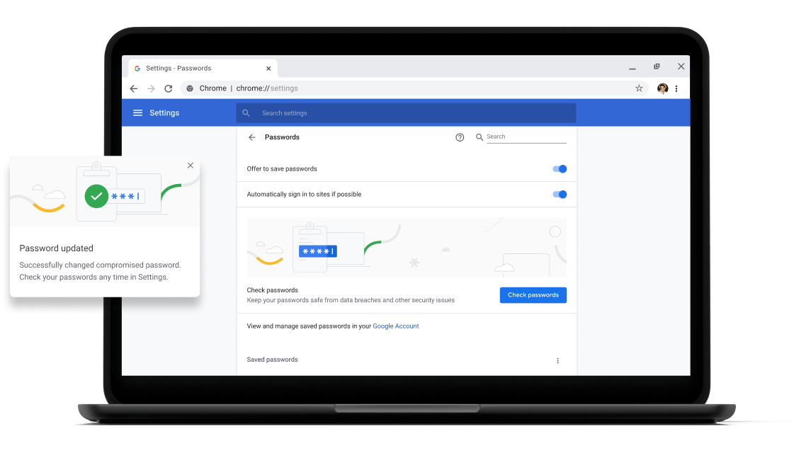 التحقُّق من كلمات المرور Pixelbook Go laptop with screen displaying Chrome password check with a passsword update dialog box.