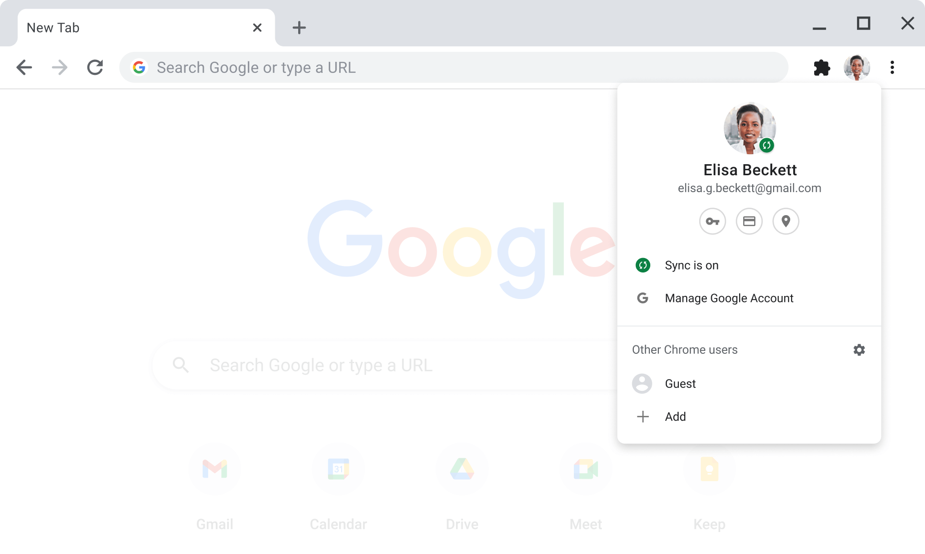 نافذة في متصفّح Chrome تعرض إعدادات الحساب والمزامنة لحسابات Google التي تم تفعيل ميزة المزامنة فيها